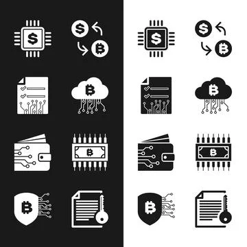 Set Cryptocurrency cloud mining, Smart contract, Processor chip with dollar Stock Illustration