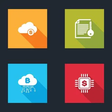 Set Cryptocurrency cloud mining, Smart contract,  and Processor chip with dol Stock Illustration