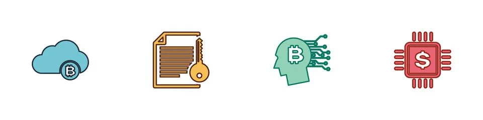 Set Cryptocurrency cloud mining, Smart contract, Bitcoin think and Processor  Illustrazione stock