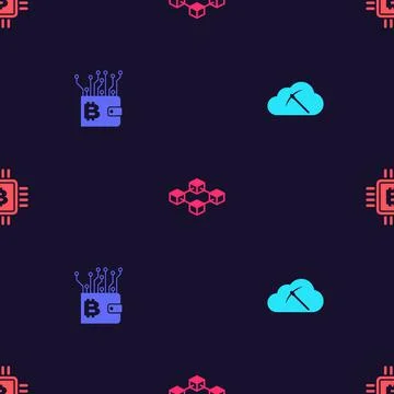 Set Cryptocurrency cloud mining, wallet, Blockchain technology and CPU farm on 스톡 일러스트