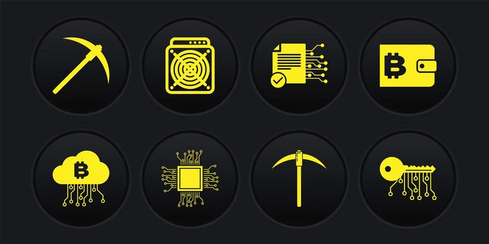 Set Cryptocurrency cloud mining, wallet, Processor, Pickaxe, Smart contract and Illustrazione stock