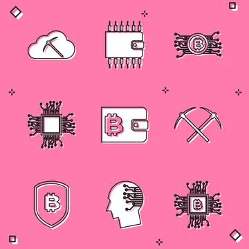 Set Cryptocurrency cloud mining, wallet, bitcoin circuit, Processor, and Crossed Illustrazione stock