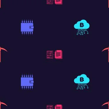Set Cryptocurrency cloud mining, wallet, Smart contract and Pickaxe on seamless Stock Illustration