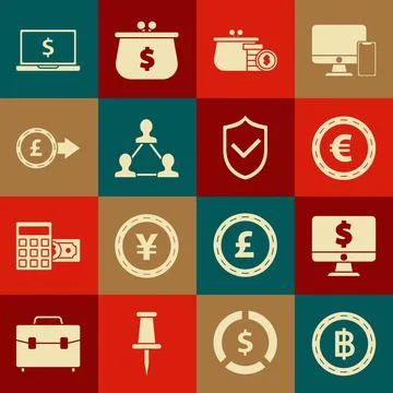 Set Cryptocurrency coin Bitcoin, Computer monitor with dollar symbol, Coin money Stock Illustration