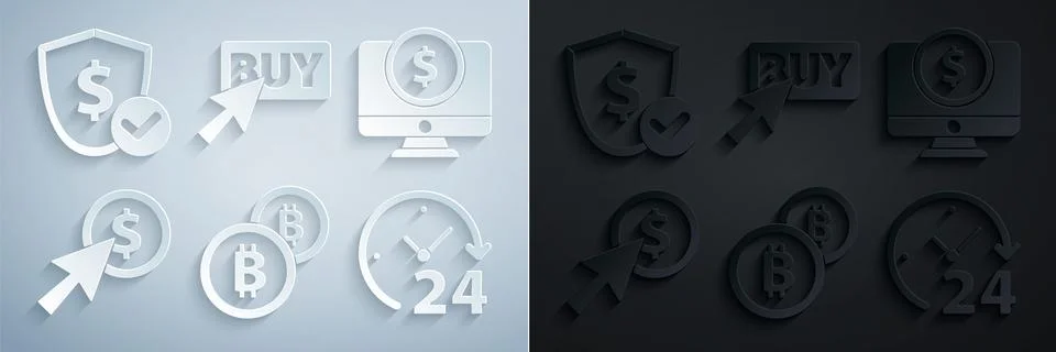 Set Cryptocurrency coin Bitcoin, Computer monitor with dollar, Cursor and, Clock イラスト素材