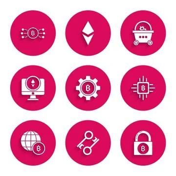 Set Cryptocurrency coin Bitcoin, key, Lock with bitcoin, CPU mining farm, G.. 스톡 일러스트