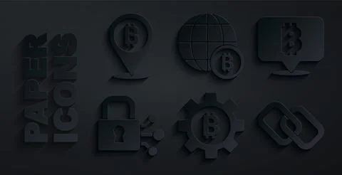 Set Cryptocurrency coin Bitcoin, Lock with bitcoin, Chain link, Globe and  .. Stock Illustration