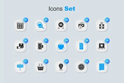 Set Cryptocurrency coin Bitcoin, Mobile shopping, Magnifying glass, Hanging.. Stock Illustration