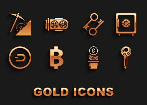 Set Cryptocurrency coin Bitcoin, Safe, key, plant the pot, Dash, cloud mining Illustrazione stock