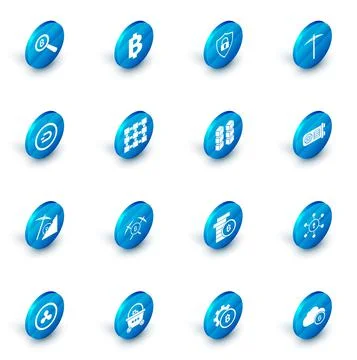 Set Cryptocurrency coin Bitcoin, Shield security with lock, Pickaxe, Dash, cloud Illustrazione stock
