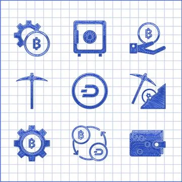 Set Cryptocurrency coin Dash, exchange, wallet, cloud mining, Bitcoin, Pickaxe Illustrazione stock