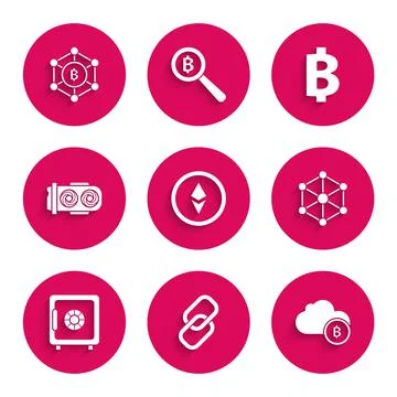 Set Cryptocurrency coin Ethereum ETH, Chain link, cloud mining, Blockchain Stock Illustration
