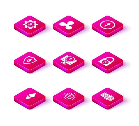 Set Cryptocurrency coin Ethereum ETH, CPU mining farm, Shield, Monitor and 스톡 일러스트