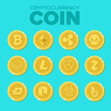 Set of cryptocurrency coin. Glod bitcoin, ethereum and etc Stock Illustration