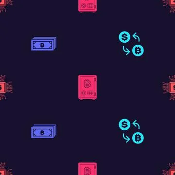 Set Cryptocurrency exchange, bitcoin, Proof of stake and Processor chip with  Stock Illustration