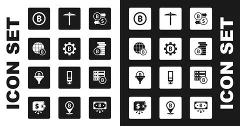 Set Cryptocurrency exchange, coin Bitcoin, Globe, Pickaxe, Server bitcoin a.. Stock Illustration