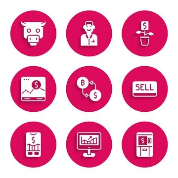 Set Cryptocurrency exchange, Computer with growth graph, ATM and money, Sel.. Illustrazione stock