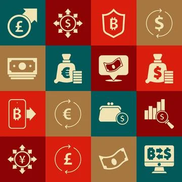 Set Cryptocurrency exchange, Pie chart and dollar, Money bag, Shield with b.. Stock Illustration