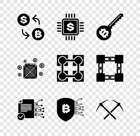 Set Cryptocurrency exchange, Processor chip with dollar, key, Smart contract Stockillustratie