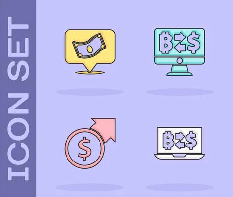 Set Cryptocurrency exchange, Stacks paper money cash, Financial growth and Stock Illustration