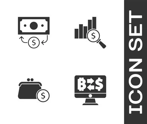 Set Cryptocurrency exchange, Stacks paper money cash, Wallet with coins and Pie Illustrazione stock
