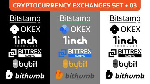 Set of cryptocurrency exchanges logo, digital stock market symbols icons Stock Illustration
