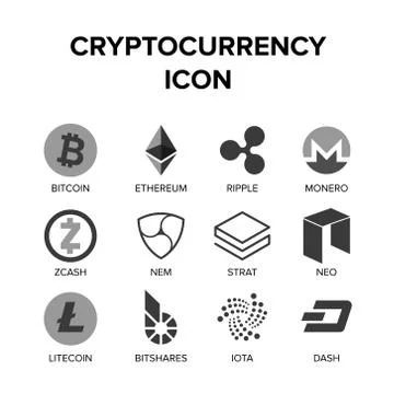 Set of cryptocurrency icon. Black and white bitcoin, ethereum and etc Stock Illustration