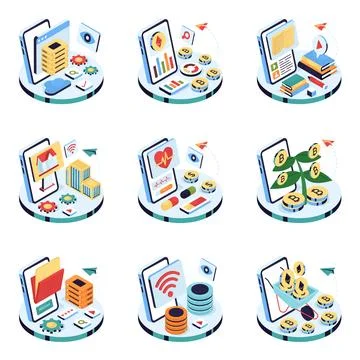 Set of Cryptocurrency Isometric Illustrations Stock Illustration