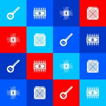 Set Cryptocurrency key, bitcoin with circuit, Processor chip dollar and ASIC Stock Illustration