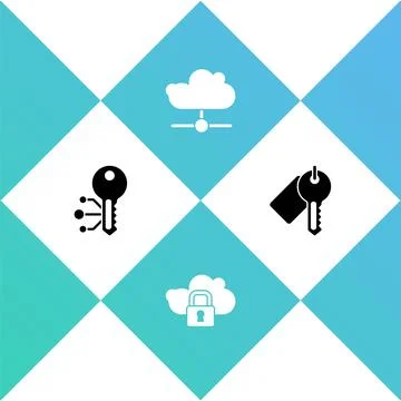 Set Cryptocurrency key, Cloud computing lock, Network cloud connection and Ma Illustrazione stock