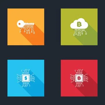 Set Cryptocurrency key, cloud mining, Processor chip with dollar and CPU farm 스톡 일러스트