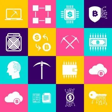 Set Cryptocurrency key, cloud mining, bitcoin with circuit, Processor chip Stock Illustration