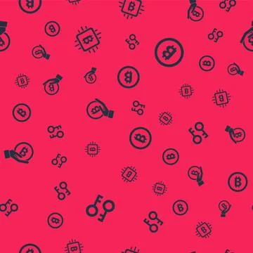 Set Cryptocurrency key, CPU mining farm, Hand holding Bitcoin and on seamless 스톡 일러스트