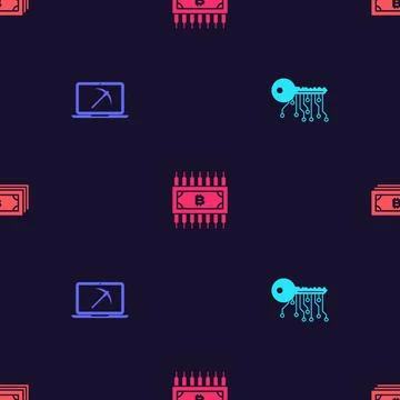 Set Cryptocurrency key, Mining with laptop and pickaxe, bitcoin circuit and   イラスト素材