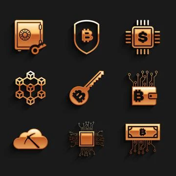 Set Cryptocurrency key, Processor, bitcoin with circuit, wallet, cloud mining イラスト素材