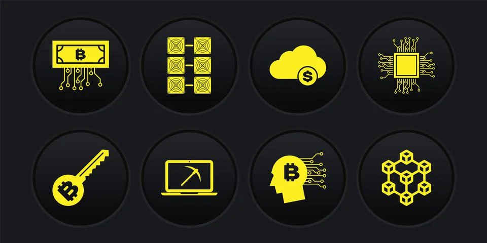 Set Cryptocurrency key, Processor, Mining with laptop and pickaxe, Bitcoin think Stock Illustration