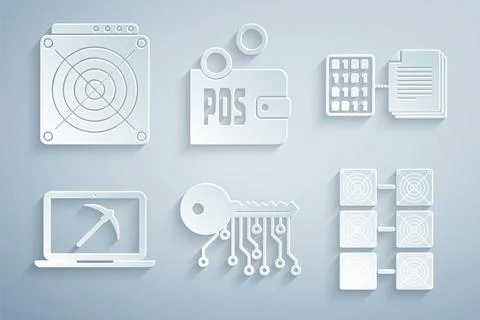 Set Cryptocurrency key, Smart contract, Mining with laptop and pickaxe, far.. Illustrazione stock