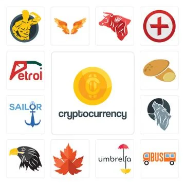 Set of cryptocurrency, , umbrella, maple leaf, eagle head, wolf, sailor, pota Free Stock Illustration