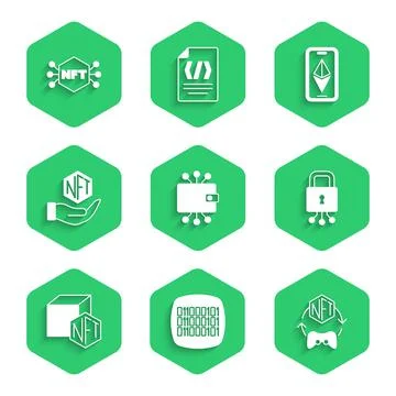 Set Cryptocurrency wallet, Binary code, NFT Digital crypto art, Cyber security Stock Illustration