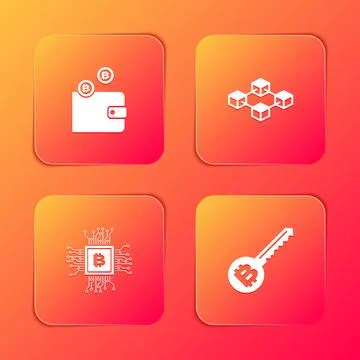 Set Cryptocurrency wallet, Blockchain technology, CPU mining farm and key icon 스톡 일러스트