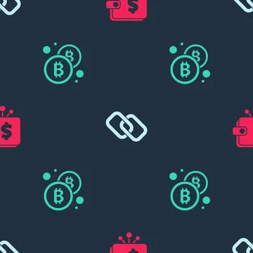 Set Cryptocurrency wallet, Chain link and Bitcoin on seamless pattern. Vector イラスト素材