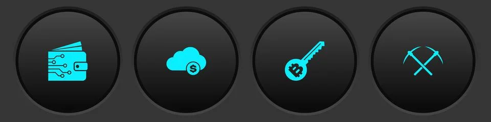 Set Cryptocurrency wallet, cloud mining, key and Crossed pickaxe icon. Vector Stock Illustration