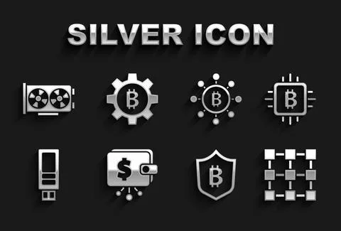 Set Cryptocurrency wallet, CPU mining farm, Blockchain technology, Shield with Stock Illustration