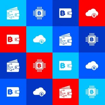 Set Cryptocurrency wallet, CPU mining farm, and cloud icon. Vector 스톡 일러스트