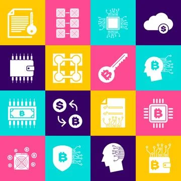 Set Cryptocurrency wallet, CPU mining farm, Bitcoin think, Processor, Block.. Illustrazione stock