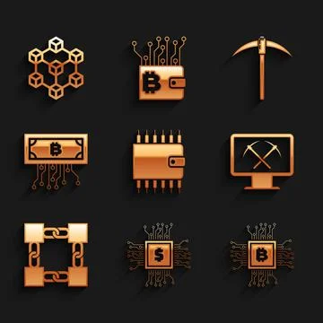 Set Cryptocurrency wallet, Processor chip with dollar, CPU mining farm, Mining Illustrazione stock