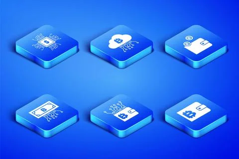 Set Cryptocurrency wallet, Processor chip with dollar, , bitcoin circuit, clo Stock Illustration