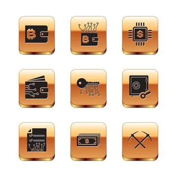 Set Cryptocurrency wallet, Smart contract, bitcoin, key, and Processor chip with イラスト素材