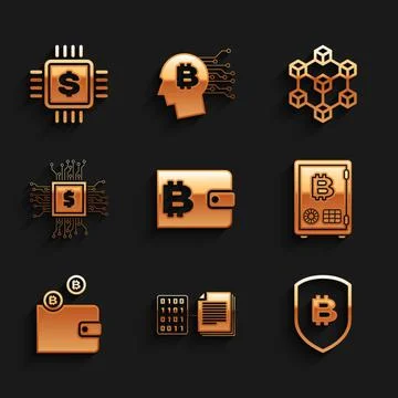 Set Cryptocurrency wallet, Smart contract, Shield with bitcoin, Proof of stake 스톡 일러스트