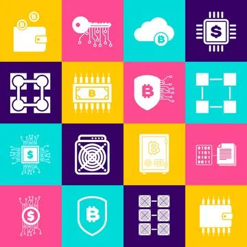 Set Cryptocurrency wallet, Smart contract, Blockchain technology, cloud minin Illustrazione stock